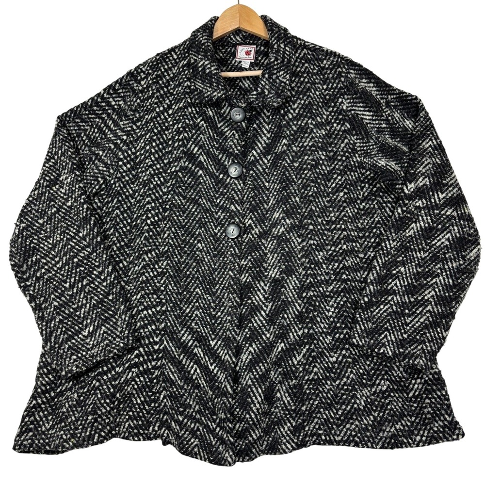 VTG Lady Jane Jacket Black White Herringbone Knit Button Front Made in USA L